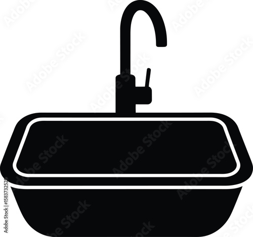 Simple black silhouette of a kitchen sink with a faucet