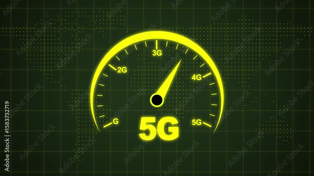 Futuristic glowing neon network speed meter showing 5G connection.A man test his 5G wireless download speed on his tablet PC.