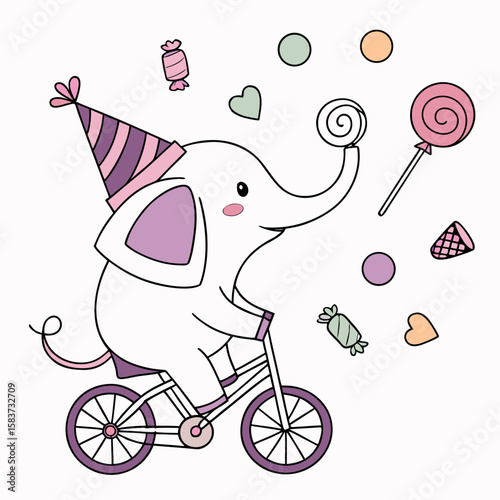 A Bashful Elephant with riding a bicycle in a Birthday theme – Candy Shop palette SVG illustration
