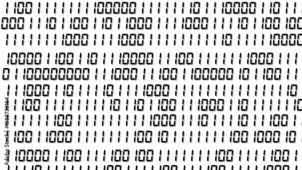Binary code streaming numbers animation isolated on black background. Sharp white binary digital code abstract background with randomly changing zeros and ones isolated on black.