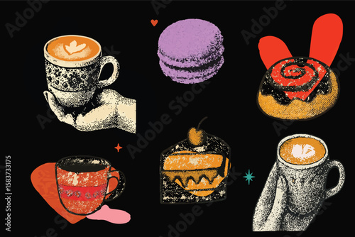 Trendy halftone Vintage Vector Illustrations, cutouts of Lattes, Cupcakes, Cinnamon Rolls, and Macarons in Hand-Drawn Halftone Collage Style, Modern retro vector illustration for mixed media.