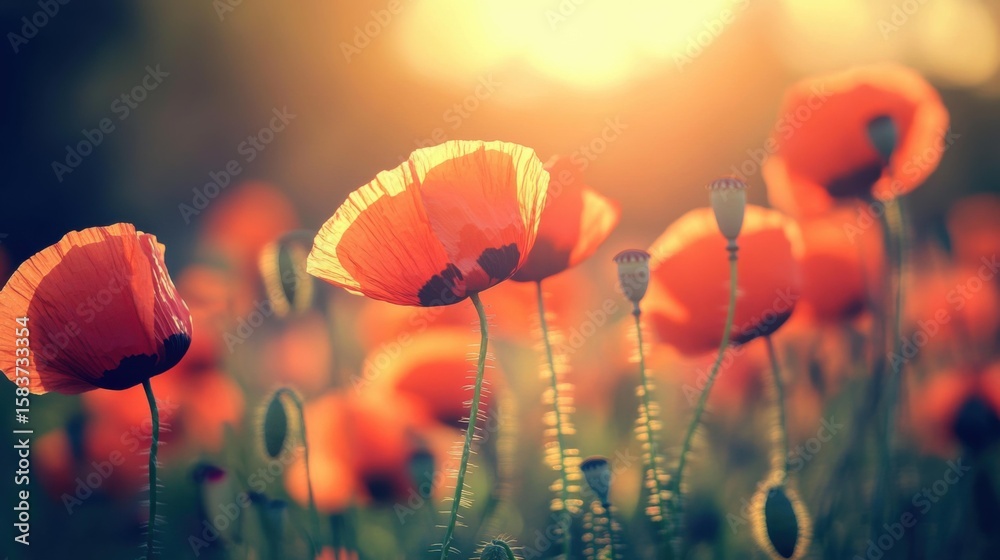 Obraz premium Vibrant poppy flowers blooming in a sunlit field during golden hour