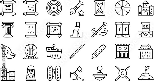 Detailed History Vector Icon Set with scrolls, ancient buildings, maps, books, artifacts, swords, and monuments—great for education, timelines, and museum projects.

