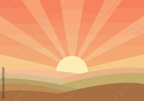 A radiant sunset over a landscape of rolling hills featuring peach and orange hues