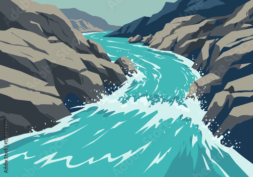 A river flows through a rocky gorge with water splashing and mountains in the distance