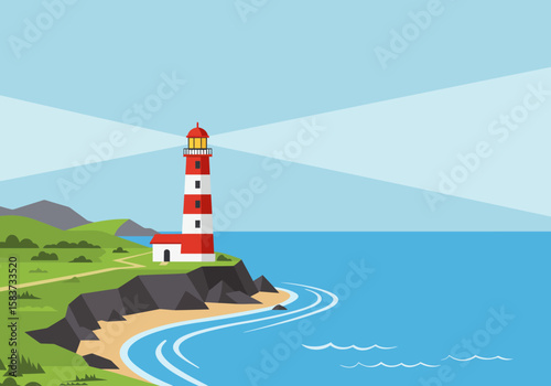 A red  white lighthouse stands on a cliff overlooking the ocean emitting beams of light