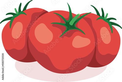 Three ripe red tomatoes are clustered together, each with a green stem, casting a soft shadow.