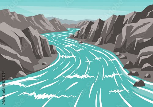 A teal river cuts through grey rocky mountains under a light blue sky