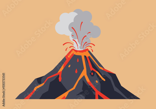 A stylized volcano erupts spewing red lava and grey smoke
