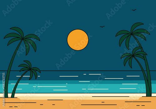 Beach scene at night sand waves moon palm trees birds in a simplistic style