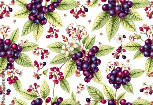 Hand-drawn elderberry & elderflower seamless pattern Vintage style botanical illustration featuring flowers, leaves, and berries, elderberry, repeat