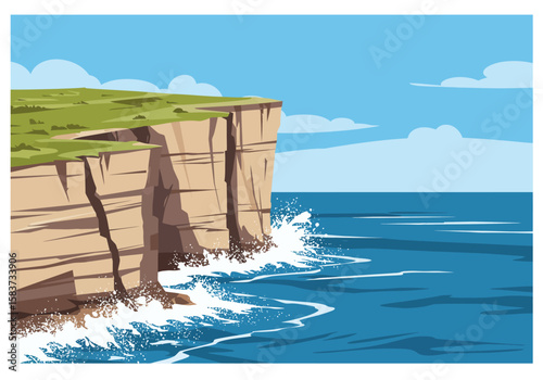 Cliffs meet ocean under a blue sky with sparse clouds creating a dramatic coastal scene
