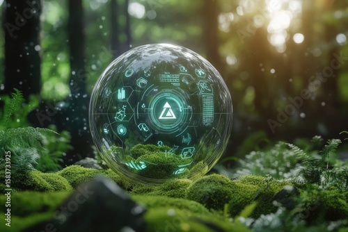 Futuristic AI Technology Sphere in Nature Forest Environment Scene.