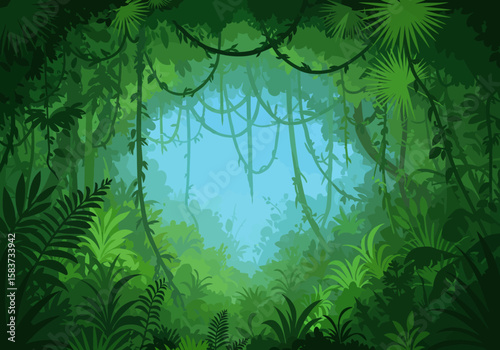 Dense jungle scene with lush green vegetation hanging vines and a glimpse of blue sky