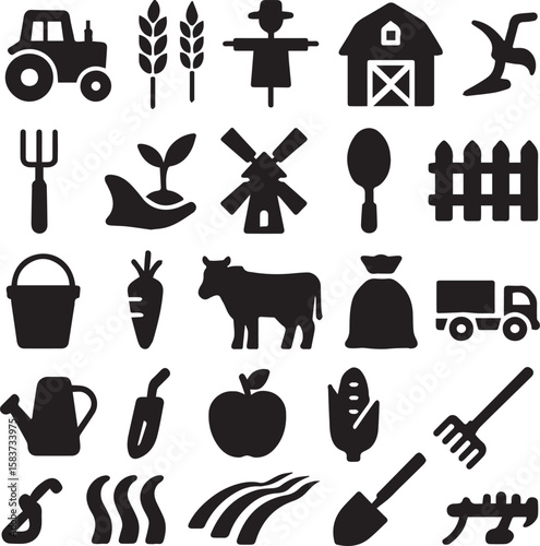 Farming and Agriculture Icons Set - Rural Life and Harvest Symbols