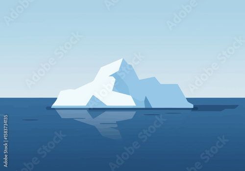 Iceberg floats on water against a light blue sky reflected on the ocean surface