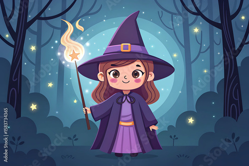 Cute Little Witch in Purple Robe Holding a Magic Wand with a Flaming Star in a Dark Forest at Night girl