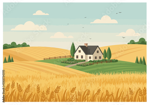 Rural landscape with a farmhouse nestled amid golden wheat fields under a partly cloudy sky