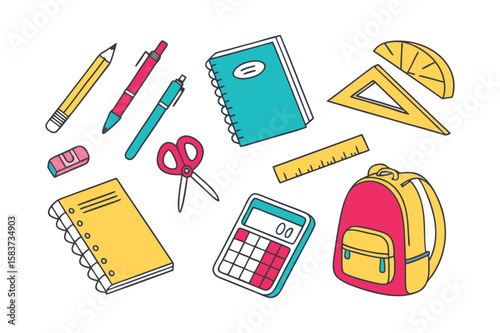 Colorful hand drawn school supplies including backpack notebooks pens calculator and ruler