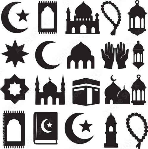 Islamic and Muslim Religion Icons Set - Mosque, Prayer, and Holy Symbols
