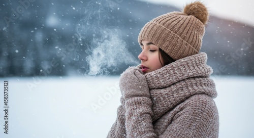 Woman wearing winter clothing exhaling breath in snowy landscape cold weather.