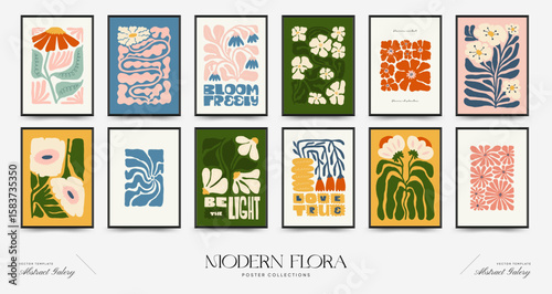 Abstract floral posters template. Modern trendy Matisse minimal style. Pink and blue colors. Hand drawn design for wallpaper, wall decor, print, postcard, cover, template, banner.