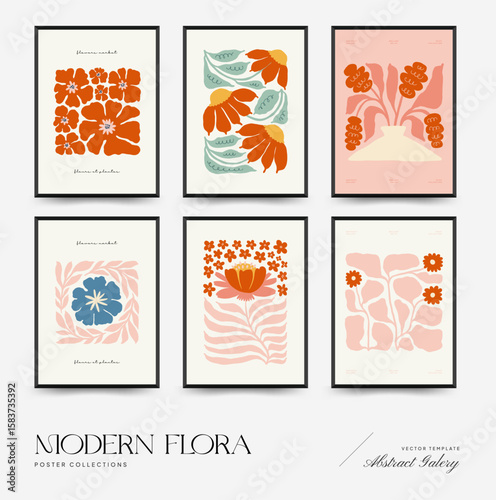 Abstract floral posters template. Modern trendy Matisse minimal style. Pink and blue colors. Hand drawn design for wallpaper, wall decor, print, postcard, cover, template, banner.