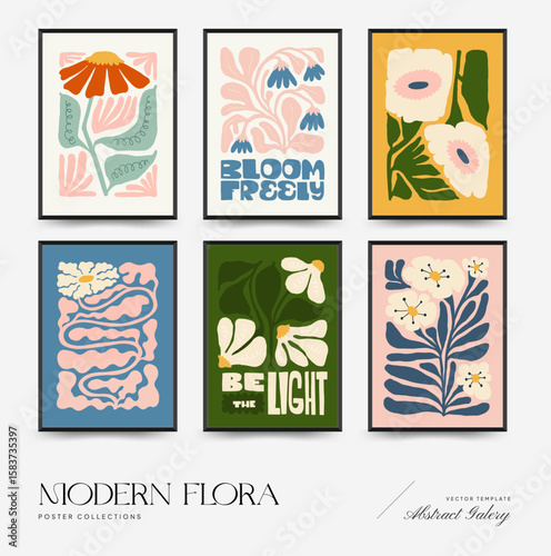 Abstract floral posters template. Modern trendy Matisse minimal style. Pink and blue colors. Hand drawn design for wallpaper, wall decor, print, postcard, cover, template, banner.