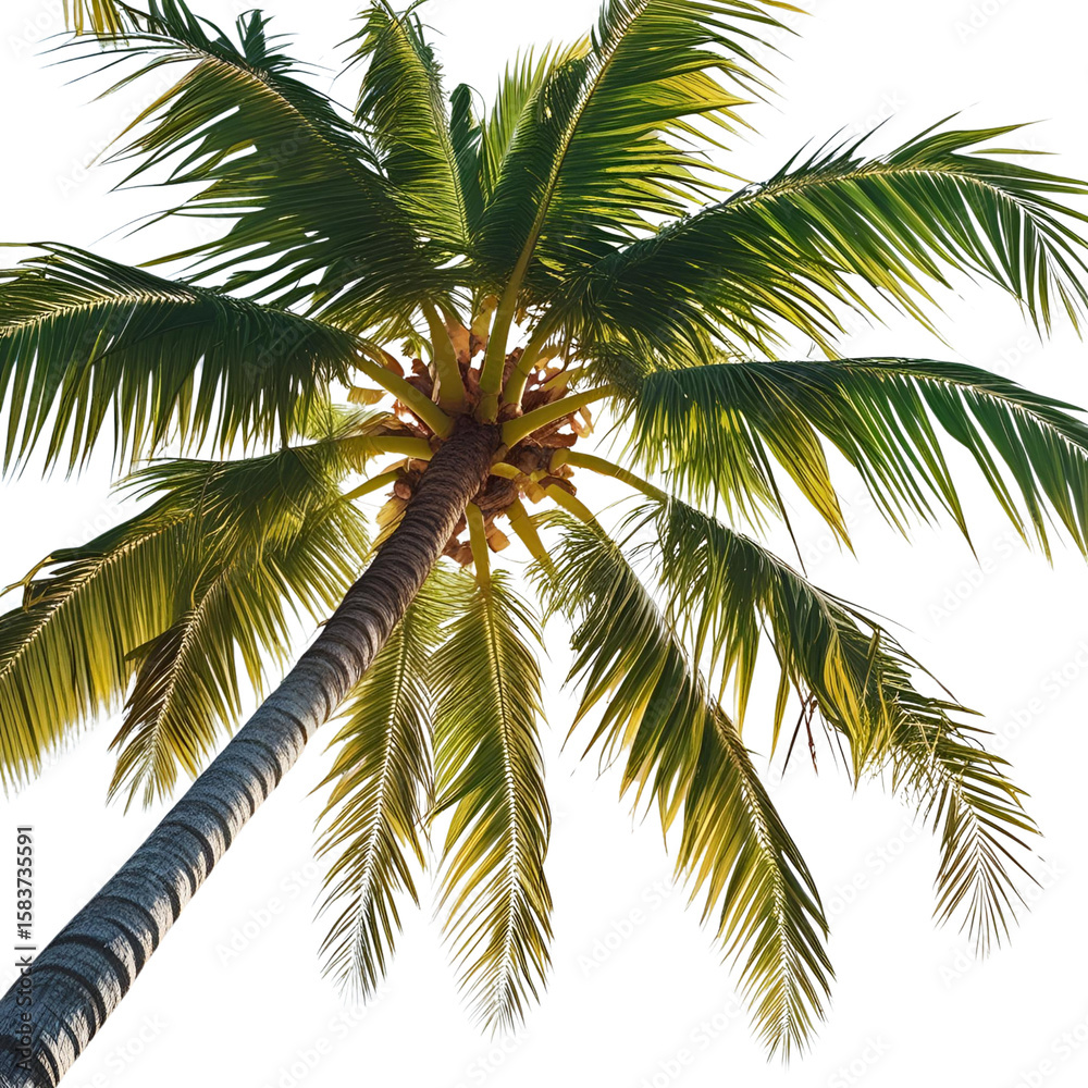 Fototapeta premium Vibrant green palm fronds reaching upwards against a stark black background