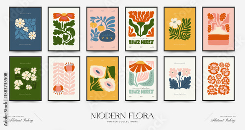 Abstract floral posters template. Modern trendy Matisse minimal style. Pink and blue colors. Hand drawn design for wallpaper, wall decor, print, postcard, cover, template, banner.