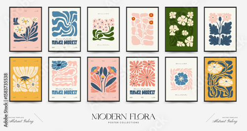 Abstract floral posters template. Modern trendy Matisse minimal style. Pink and blue colors. Hand drawn design for wallpaper, wall decor, print, postcard, cover, template, banner.