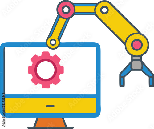 Factory Automation Icon with Robotic Arm and Gear on Monitor