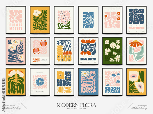 Abstract floral posters template. Modern trendy Matisse minimal style. Pink and blue colors. Hand drawn design for wallpaper, wall decor, print, postcard, cover, template, banner.
