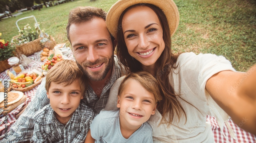 Fototapeta premium family, leisure and technology concept - happy mother, father and two little sons having picnic and taking selfie at summer park, no logos, no brands