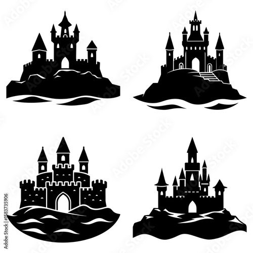 Collection of four black silhouette castle illustrations on islands surrounded by water waves design