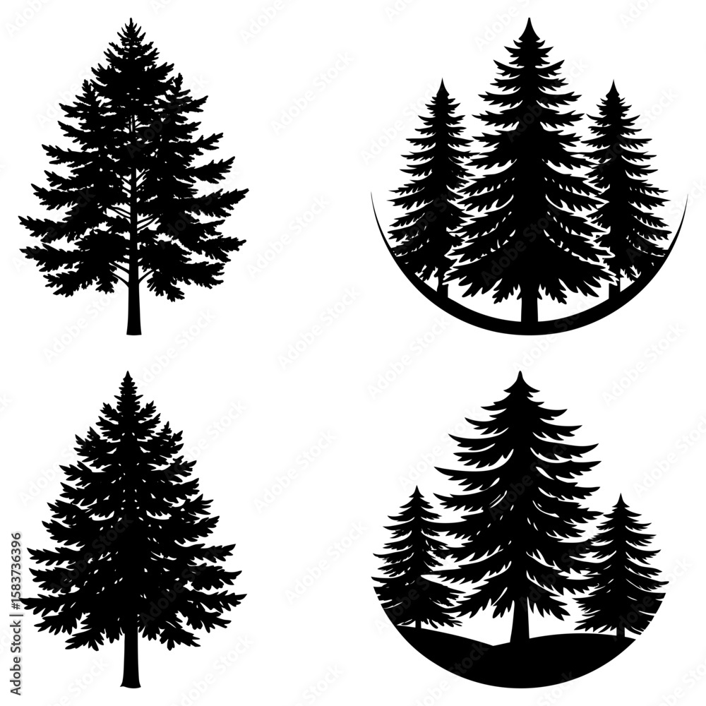 Silhouette illustration of evergreen trees in various arrangements on a white background design element Silhouette illustration of evergreen trees in various arrangements on a white background design element