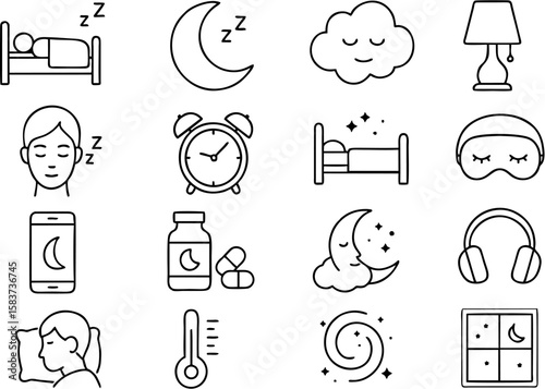 Peaceful Sleep Vector Icon Set featuring bed, pillow, moon, stars, alarm clock, sleep mask, sheep, and night routine items—perfect for health, apps, and wellness themes.

