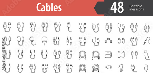 Cables Line Icons, USB, HDMI, Power Plug, Network Cable, Audio Jack, Editable Formats: AI, EPS, PNG, Ideal for Both UI and Print Media Use
