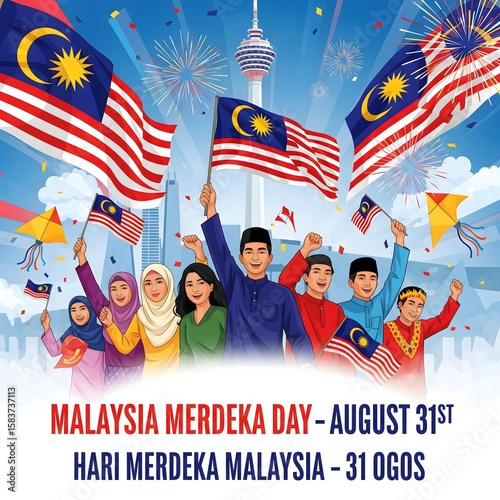 Diverse malaysians celebrate merdeka day with flags and fireworks