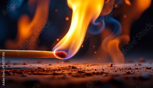 a dynamic scene of fire, with a match that has ignited a flame reaching towards a stick of incense