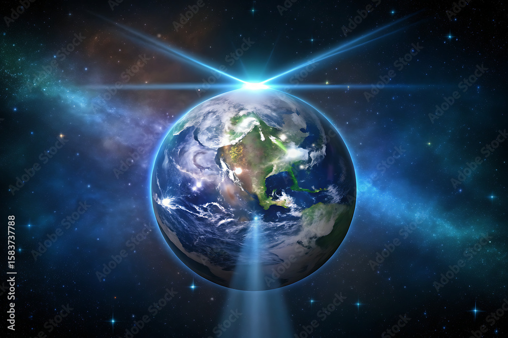 Fototapeta premium Earth Cosmic Warning Blue Light Beam Galaxy Space Planet Warning Signal image