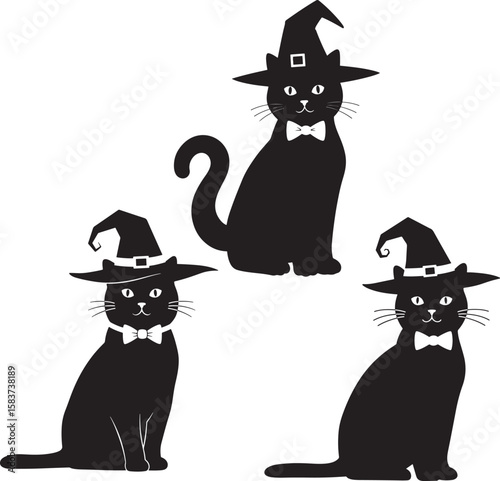 Black cat with witch hat bowtie silhouette