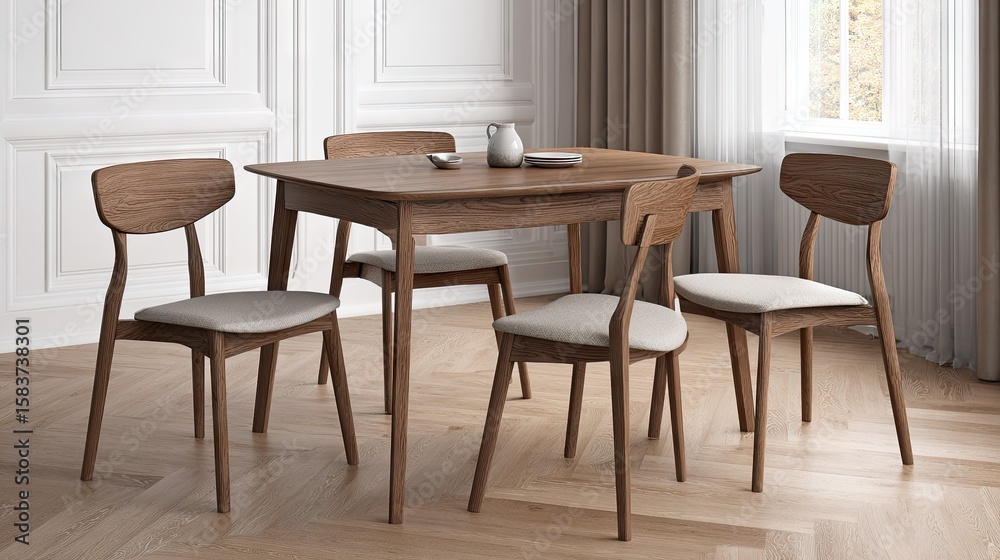 Wooden dining set with light beige seats. Wooden dining set with light beige seats.