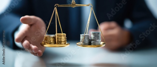 The balance of wealth represented by coins on a scale in a business setting.