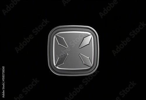 Silver metallic emblem with four pointed shapes symbol