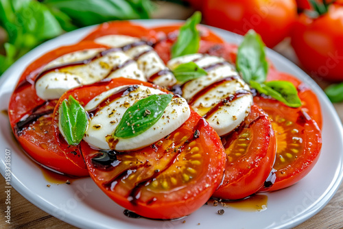 A vibrant plate of fresh mozzarella, juicy tomatoes, and fragrant basil drizzled with balsamic reduction, evoking a sense of summer delight.