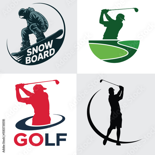 Collection of sport logos featuring snowboarding and golf in various styles and color schemes shown here