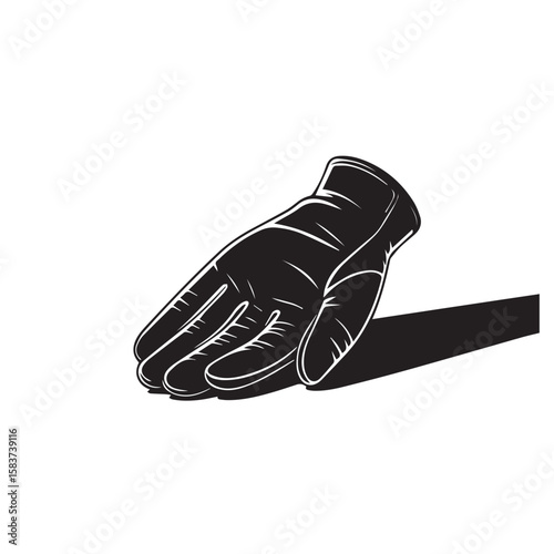 A black leather glove resting on its side, casting a shadow, isolated on a white background