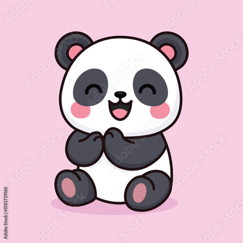 Cute panda bear cub smiling and clapping with pink cheeks, cartoon style