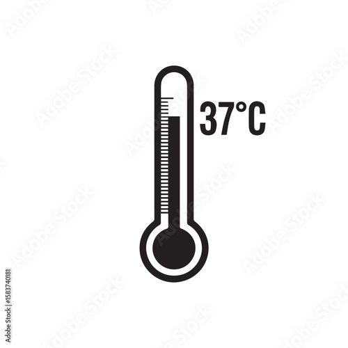 A black silhouette of a thermometer displaying 37 degrees celsius, isolated on a white background